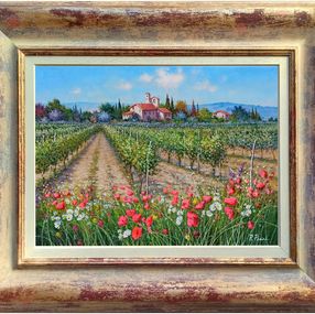 Pintura, Daisies & Poppies in the vineyard - Tuscany landscape painting & frame, Raimondo Pacini