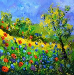 Gemälde, Red and blue poppies, Pol Ledent