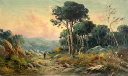 Pintura, Promenade sur un sentier de campagne au crépuscule, P. Roubin