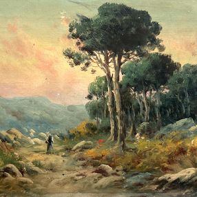 Painting, Promenade sur un sentier de campagne au crépuscule, P. Roubin