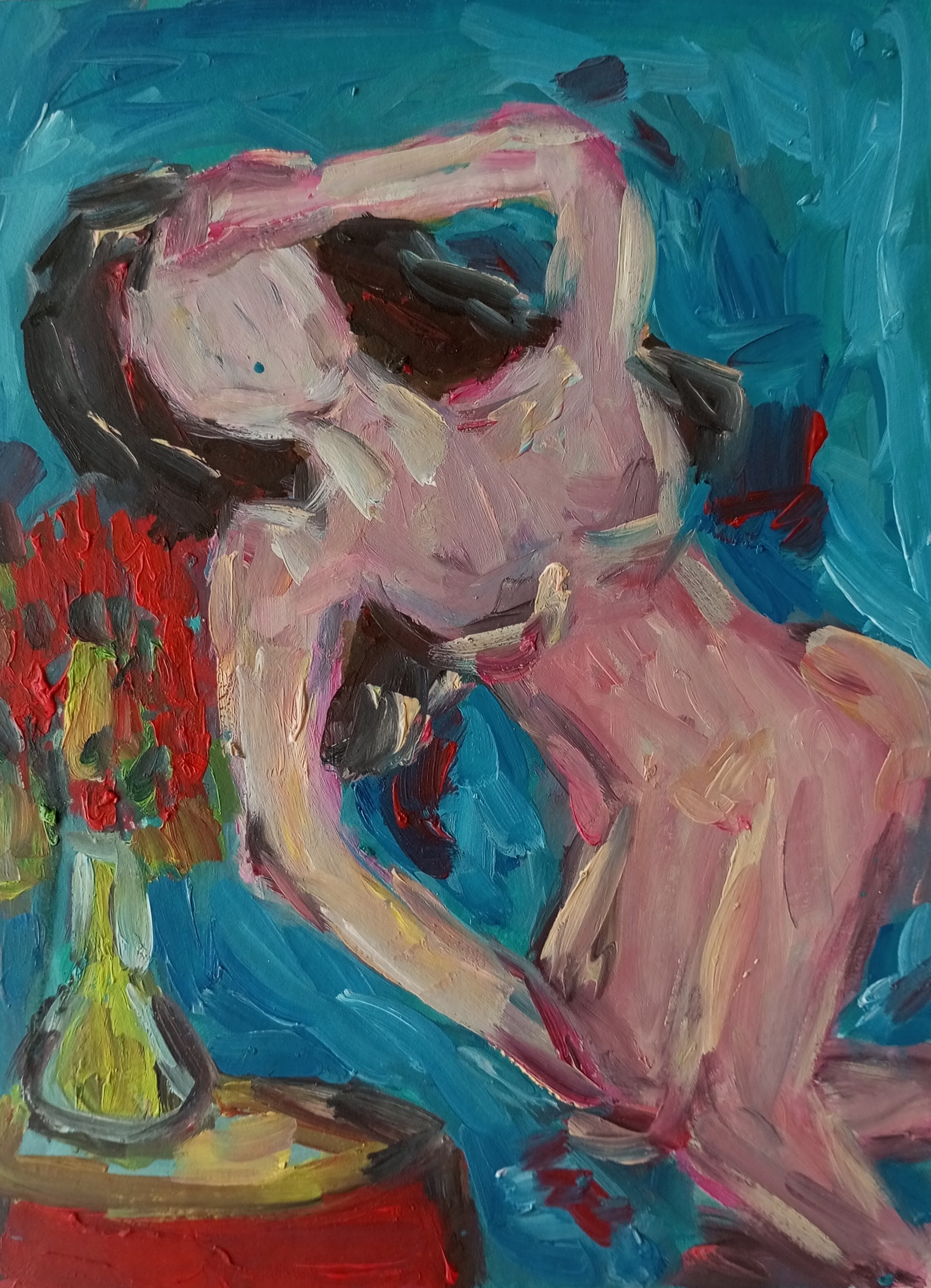 Natalya Mougenot, Woman lying thoughtful on blue sheets Natalya Mougenot, Woman lying thoughtful on blue sheets