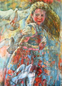 Gemälde, Girl and doves, Nadezda Stupina