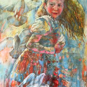 Gemälde, Girl and doves, Nadezda Stupina
