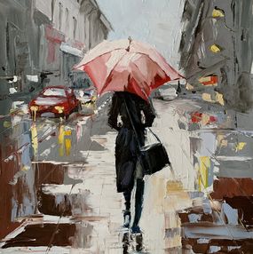 Gemälde, Woman with umbrella in a rainy city, Schagen Vita