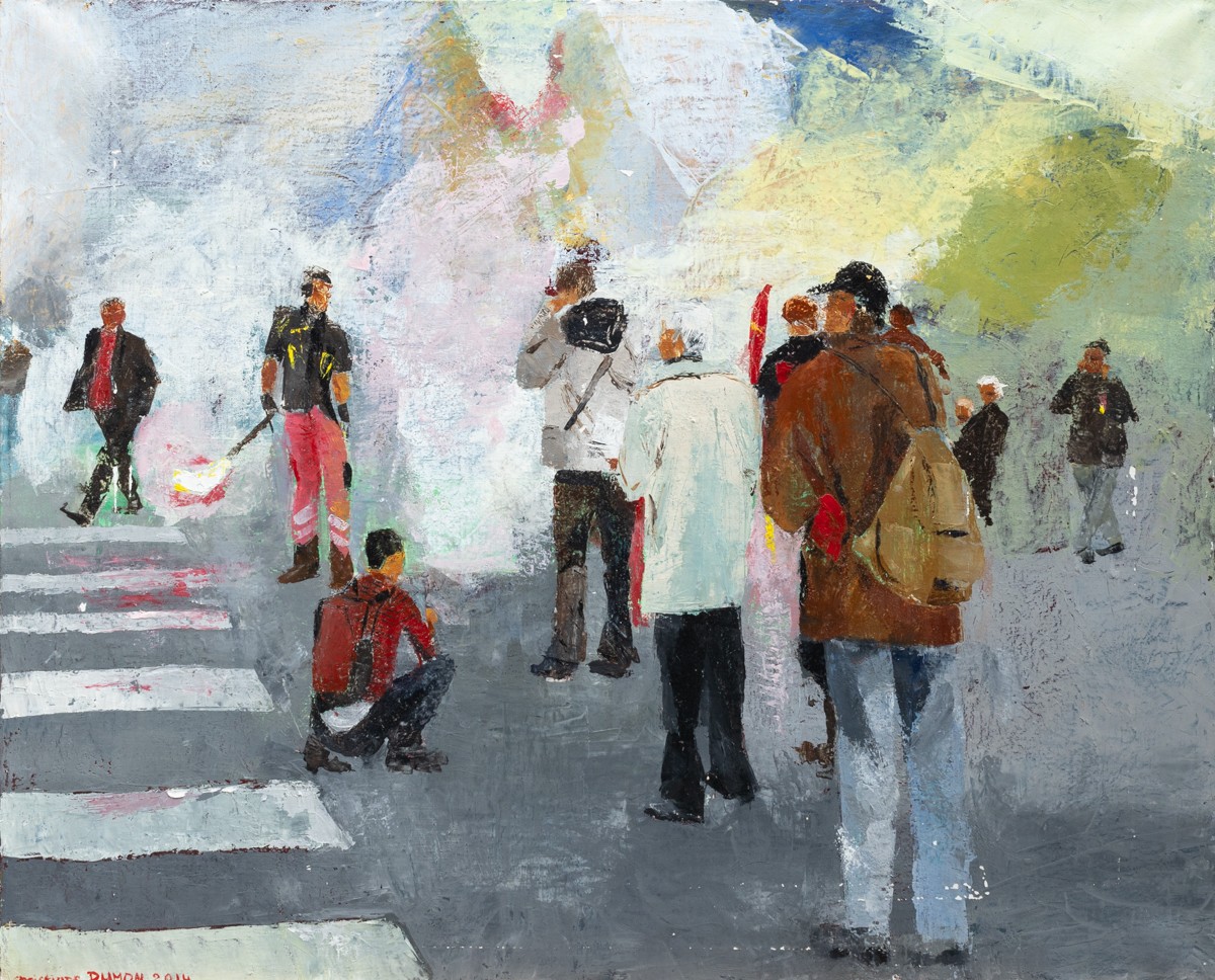 Christiane Dumon, La Manif - Scène de vie urbaine figurative Christiane Dumon, La Manif - Scène de vie urbaine figurative