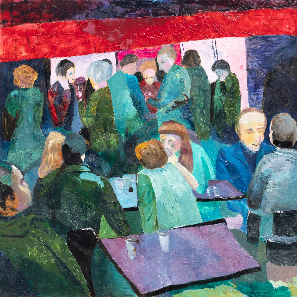 Christiane Dumon, Un verre à Bilbao - scène de vie urbaine figurative Christiane Dumon, Un verre à Bilbao - scène de vie urbaine figurative