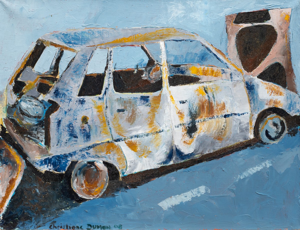 Christiane Dumon, La voiture - Scène de vie urbaine figurative Christiane Dumon, La voiture - Scène de vie urbaine figurative