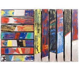 Gemälde, N°5 - Composition graphique, art brut coloré sur palette bois, Alain Ciavaldini