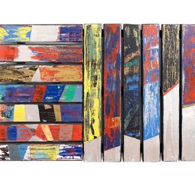 Peinture, N°5 - Composition graphique, art brut coloré sur palette bois, Alain Ciavaldini