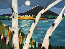 Painting, Moon, Fireflies, and BIrches,, Rebecca Klementovich