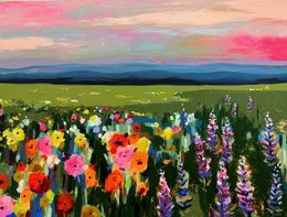 Peinture, Wild Flower Field with Mountains in the Back, Rebecca Klementovich
