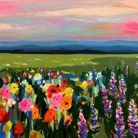 Painting, Wild Flower Field with Mountains in the Back, Rebecca Klementovich