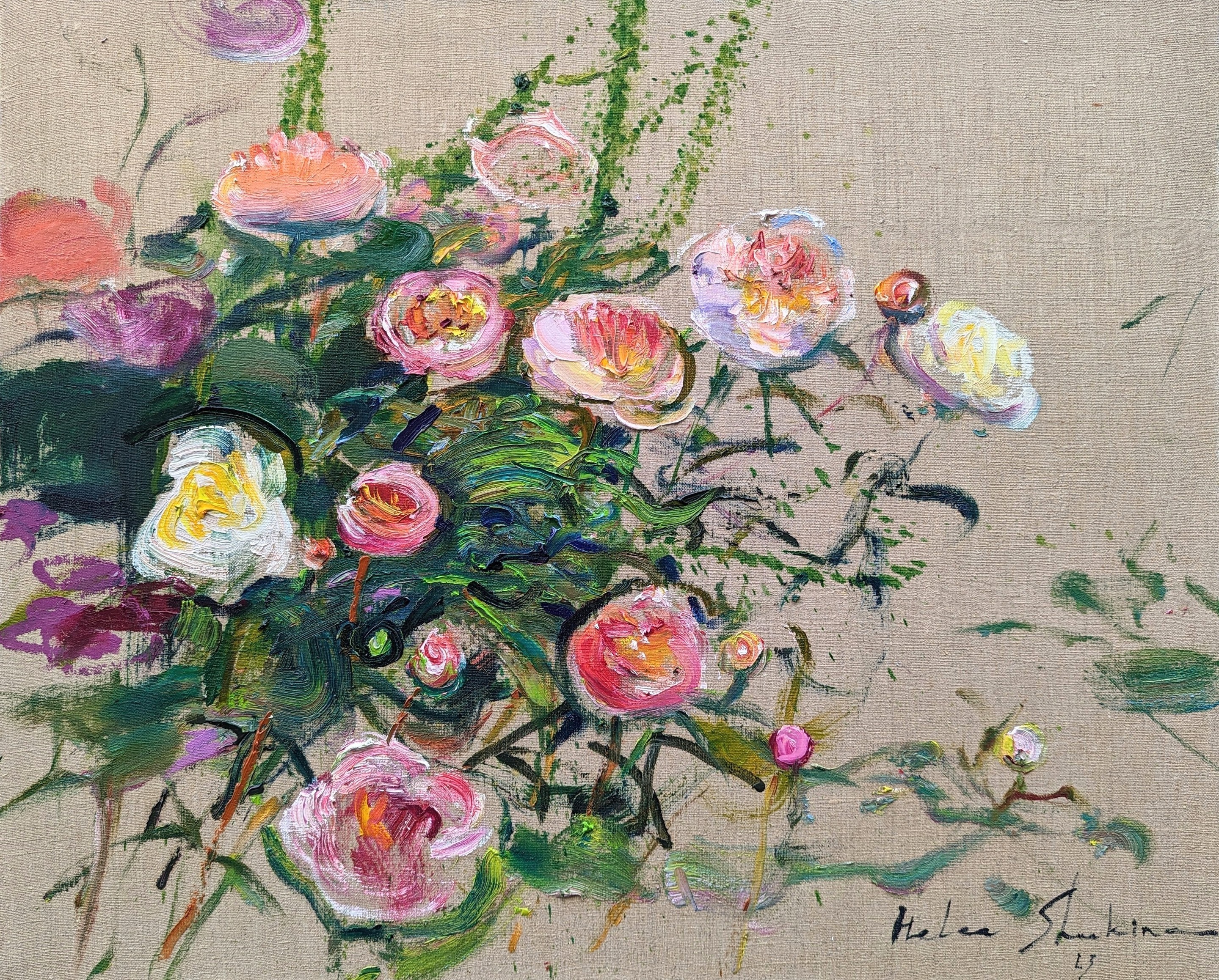 Helen Shukina, Peonies on linen Helen Shukina, Peonies on linen