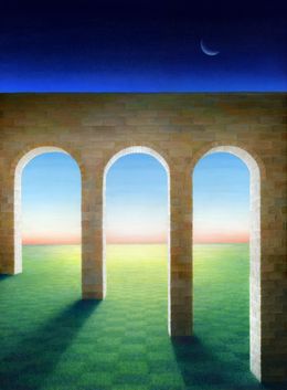 Painting, The Sequence of Life (surreal landscape with aqueduct and moon), Marlene Llanes