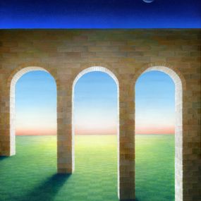Gemälde, The Sequence of Life (surreal landscape with aqueduct and moon), Marlene Llanes