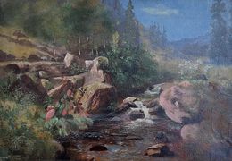 Peinture, Paysage de montagne et petit ruisseau, Edouard Rheiner