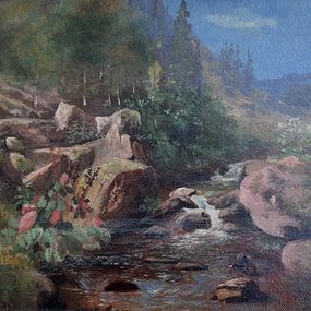Painting, Paysage de montagne et petit ruisseau, Edouard Rheiner