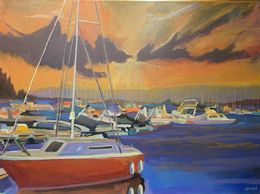 Peinture, Le bateau rouge du Port de Rives, Nathalie Morand