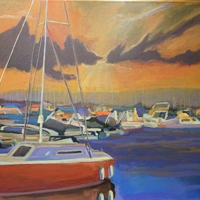 Painting, Le bateau rouge du Port de Rives, Nathalie Morand