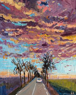 Peinture, Ciel orageux sur route préférée, Linda Clerget