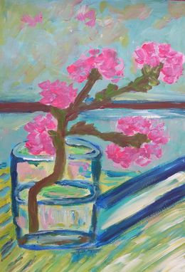 Painting, The beauty of pink almond flowers in bloom, Natalya Mougenot