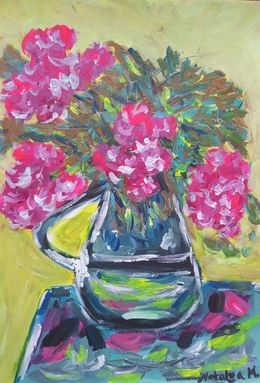 Gemälde, Pink blooming oleanders in a vase, Natalya Mougenot
