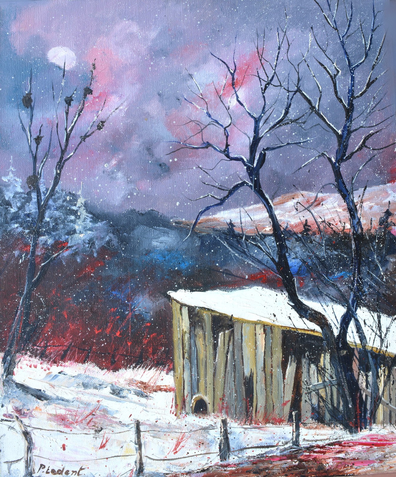 Pol Ledent, Old barn in winter Pol Ledent, Old barn in winter