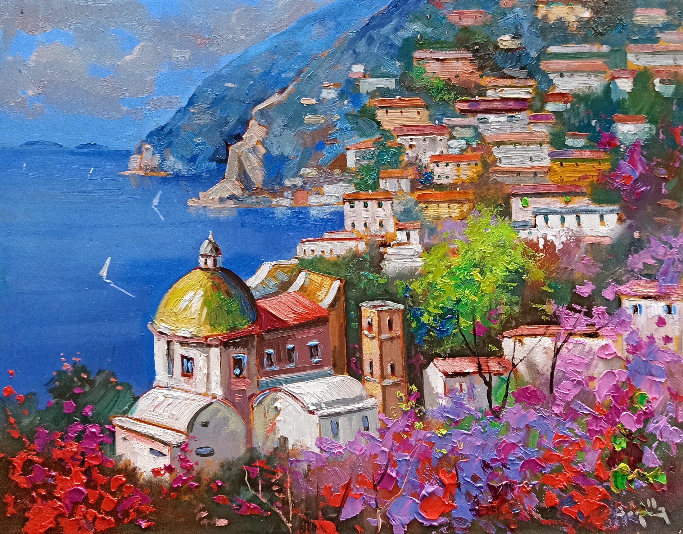 Andrea Borella, Blooming on the coast - Italy Positano painting Andrea Borella, Blooming on the coast - Italy Positano painting
