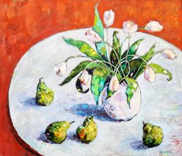 Gemälde, White Tulips and Pears, Ania Pieniazek