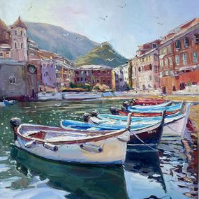 Gemälde, Boats at the dock, Evgeny Chernyakovsky