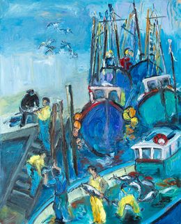 Pintura, Déchargement des thons-St Jean de Luz - Paysage marin et scène de vie au Port, Yvon Lambure
