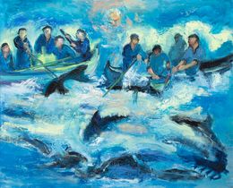 Painting, Pêche aux thons-St Jean de Luz - Paysage marin et scène de vie de pêcheurs, Yvon Lambure
