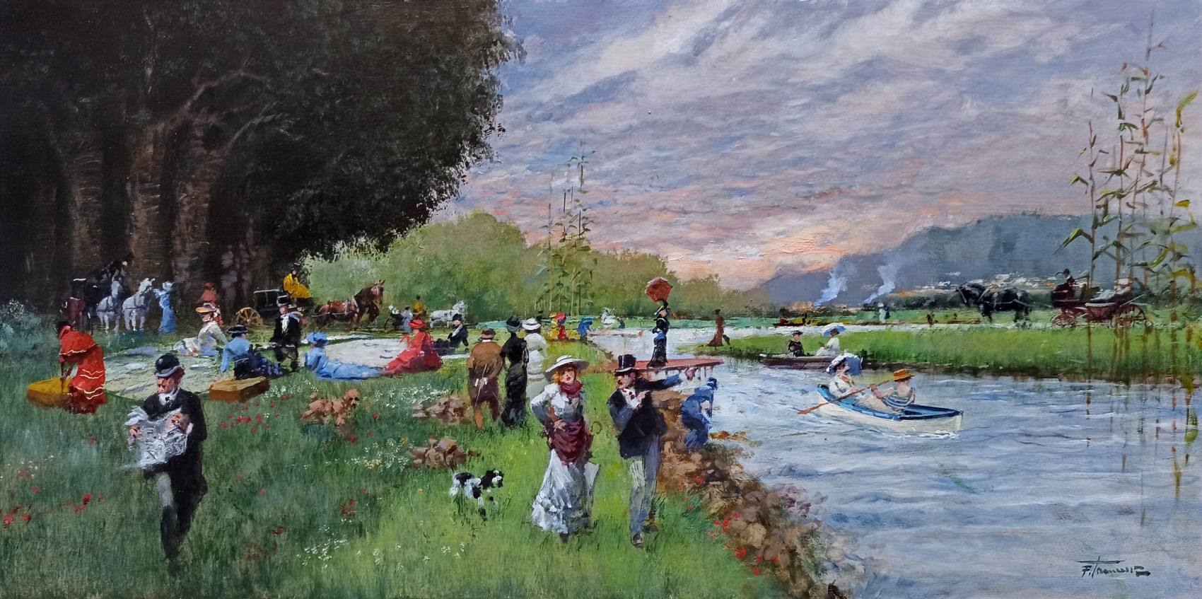 Francesco Tammaro, Breakfast along the river - France Belle Epoque painting Francesco Tammaro, Breakfast along the river - France Belle Epoque painting
