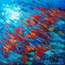 Gemälde, Red Fish Painting Underwater Original Art Ocean, Olga Nikitina
