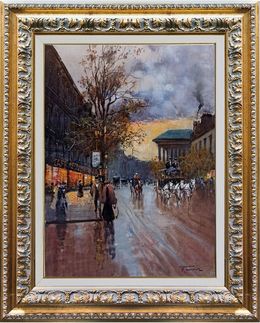 Painting, Parisian sunset - Old France Belle Epoque painting & frame, Francesco Tammaro