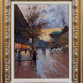 Painting, Parisian sunset - Old France Belle Epoque painting & frame, Francesco Tammaro