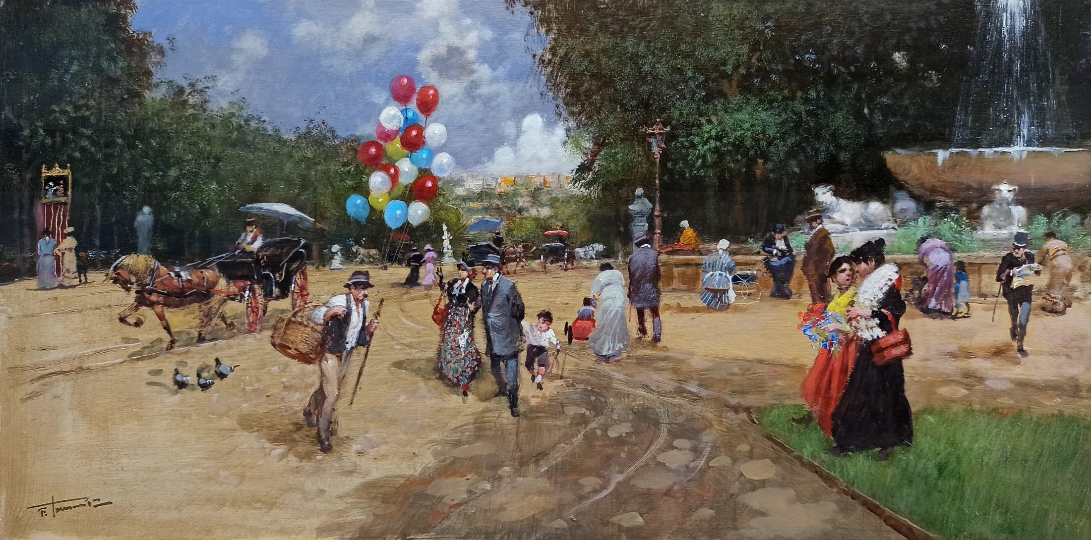 Francesco Tammaro, City park in Paris - France Belle Epoque painting Francesco Tammaro, City park in Paris - France Belle Epoque painting