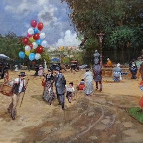 Pintura, City park in Paris - France Belle Epoque painting, Francesco Tammaro