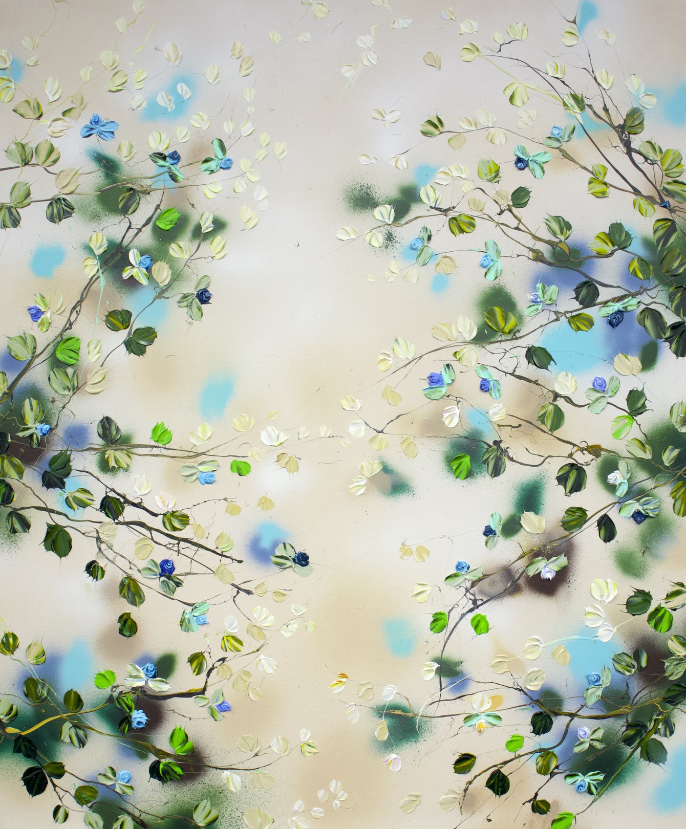 Anastassia Skopp, Blue Rose Stroll - large beige floral painting Anastassia Skopp, Blue Rose Stroll - large beige floral painting