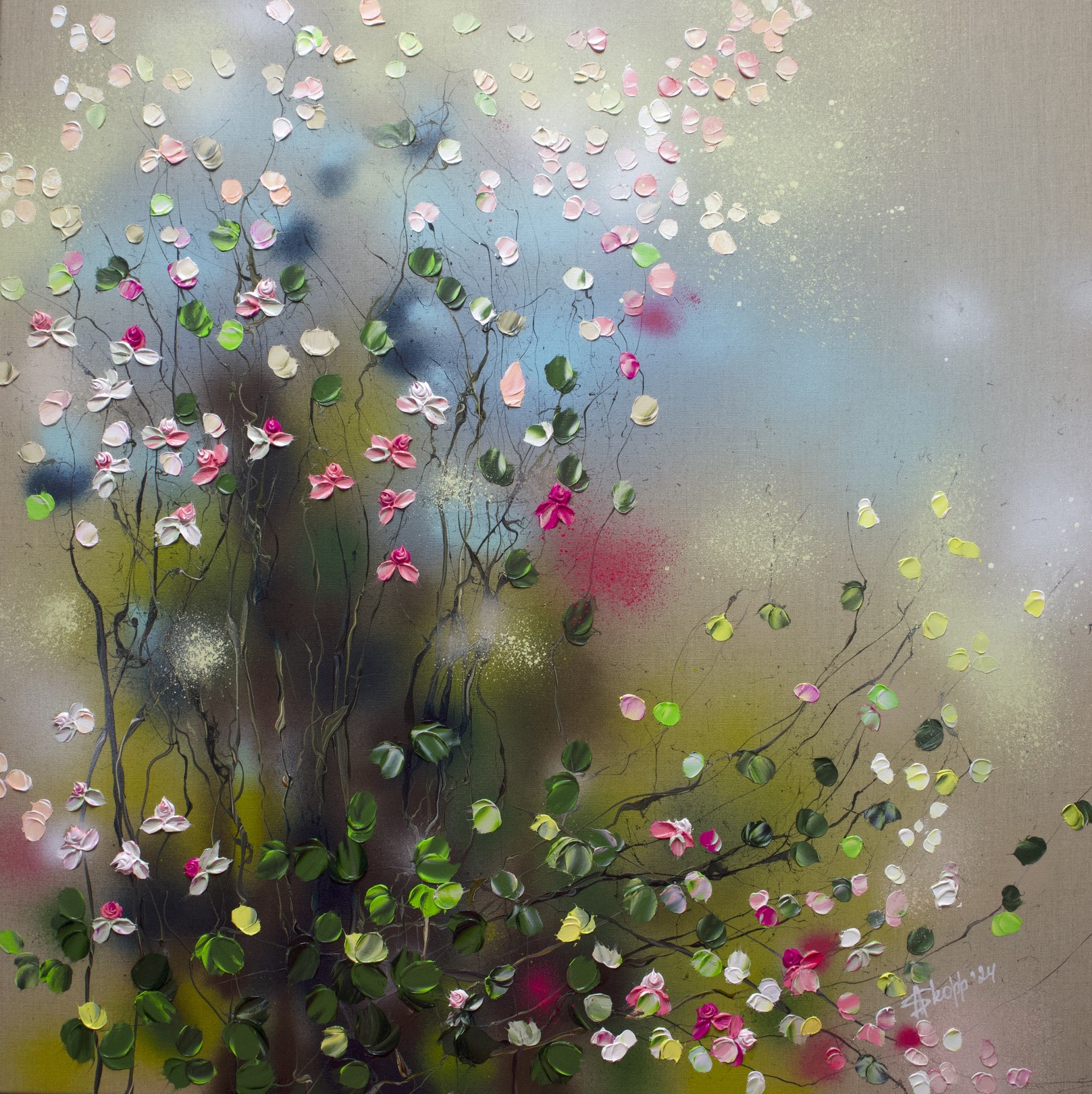 Anastassia Skopp, Wild Roses - large square garden painting on linen Anastassia Skopp, Wild Roses - large square garden painting on linen
