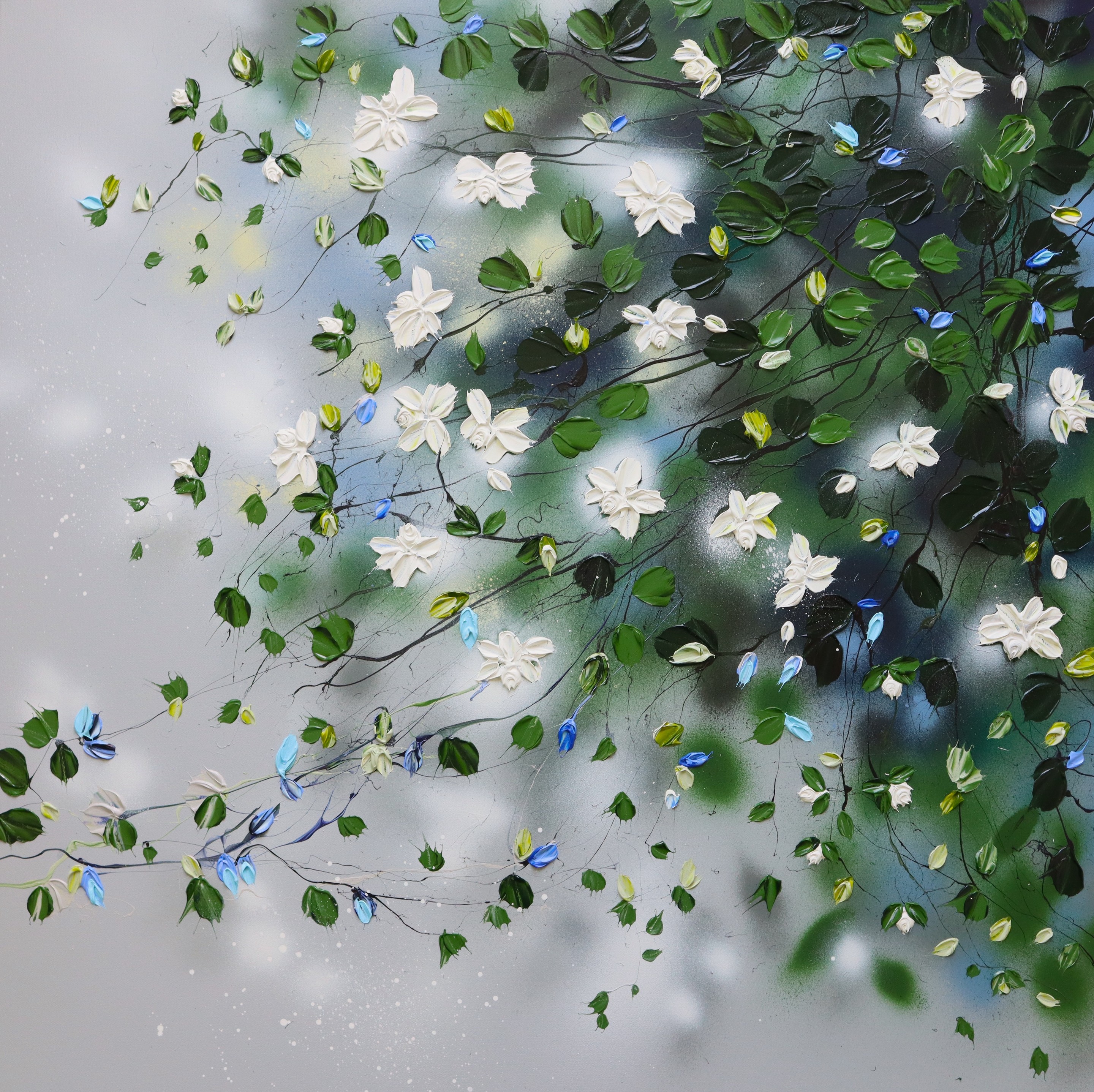 Anastassia Skopp, White Blossoms - white grey green floral art on canvas Anastassia Skopp, White Blossoms - white grey green floral art on canvas