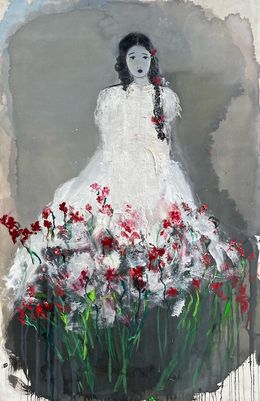 Gemälde, Sans titre à la robe blanche et fleurs rouges, Katia Krief