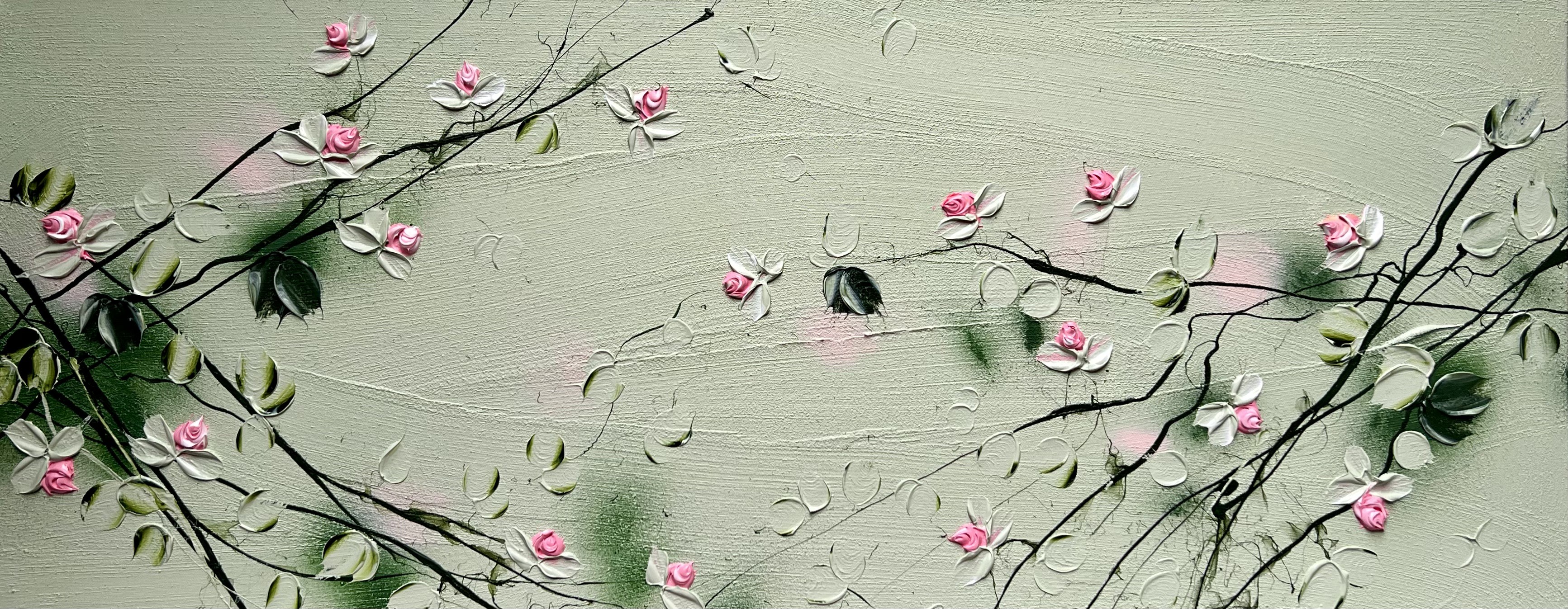 Anastassia Skopp, Sweet Vibes I - textured light green rose landscape format painting Anastassia Skopp, Sweet Vibes I - textured light green rose landscape format painting