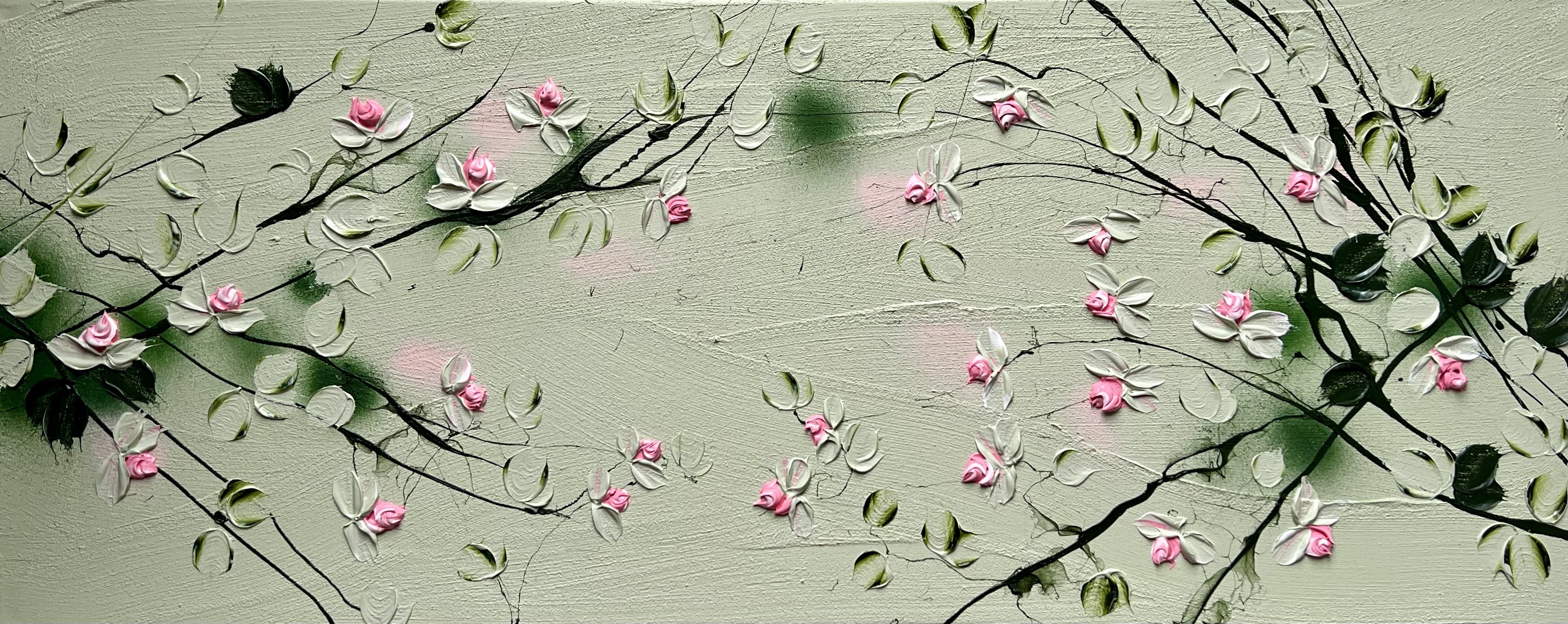 Anastassia Skopp, Sweet Vibes II - textured light green rose landscape format painting Anastassia Skopp, Sweet Vibes II - textured light green rose landscape format painting