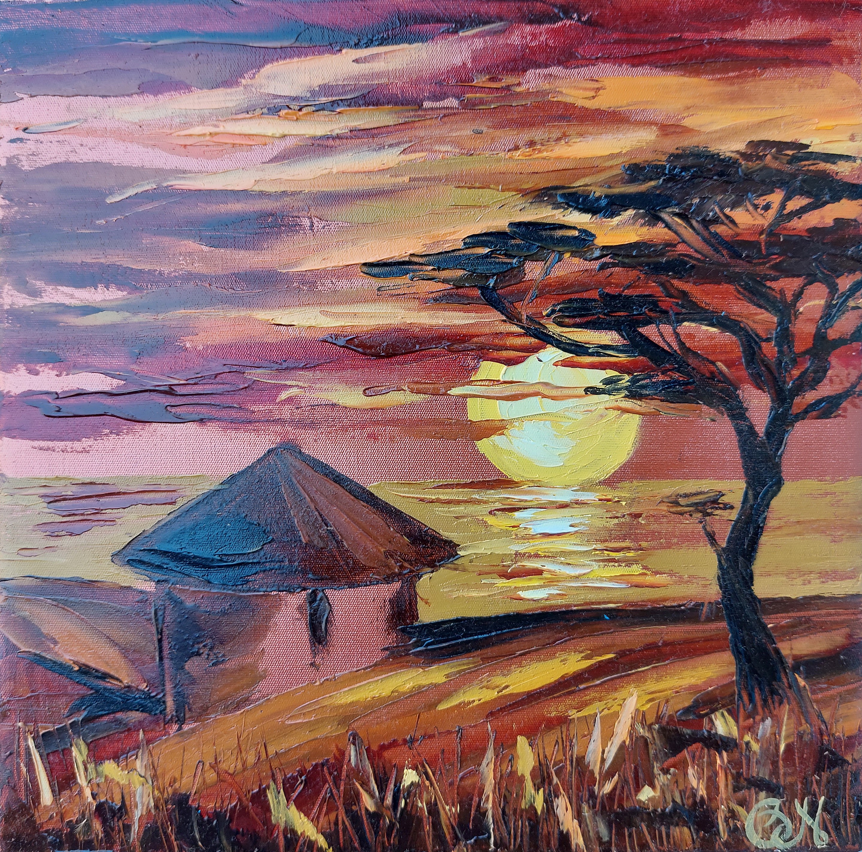 Olga Nikitina, African Tribe House Painting Africa Landscape Original Art Africa Sunset Olga Nikitina, African Tribe House Painting Africa Landscape Original Art Africa Sunset