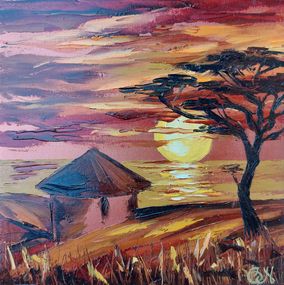 Pintura, African Tribe House Painting Africa Landscape Original Art Africa Sunset, Olga Nikitina
