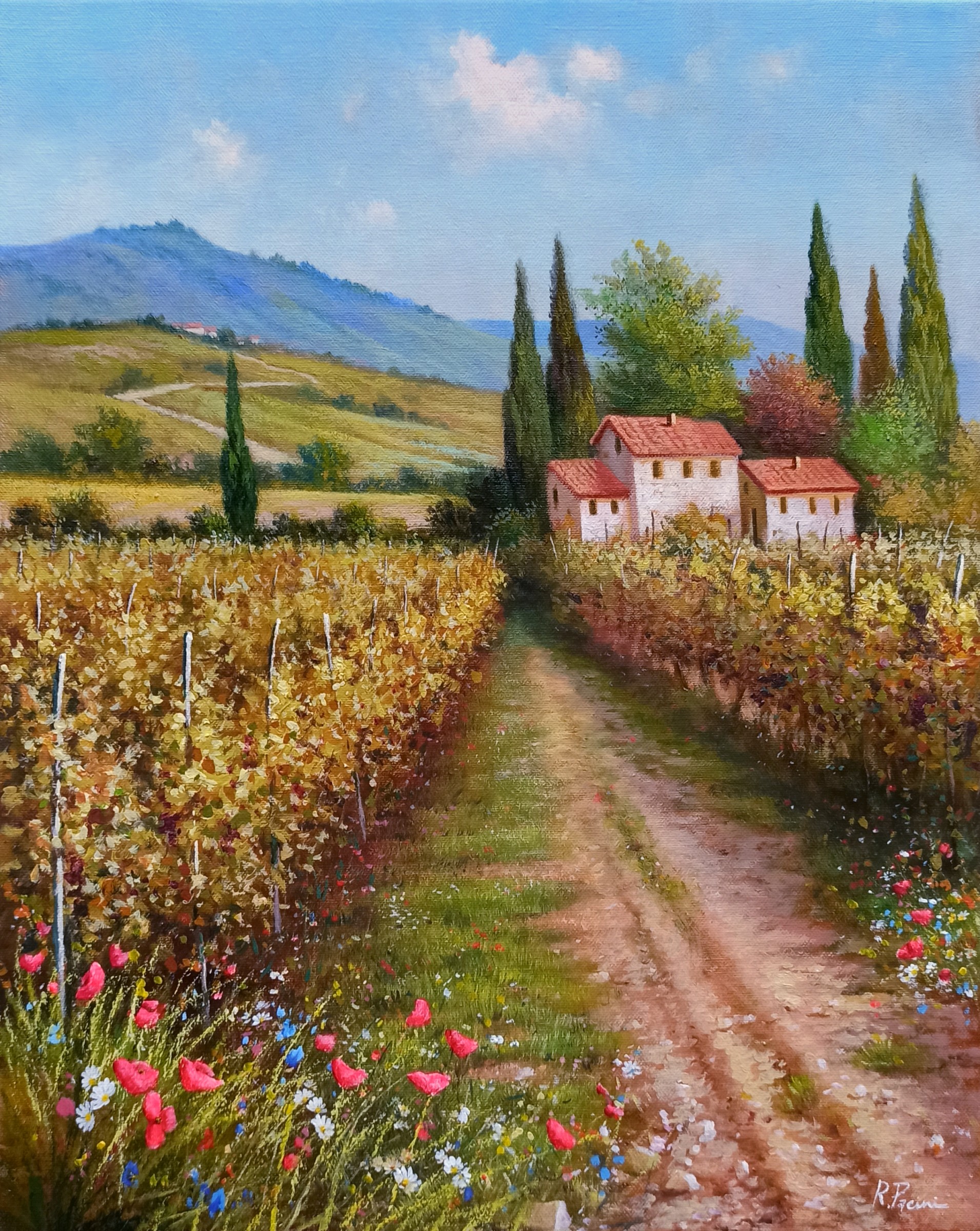Raimondo Pacini, Autumn colours in the vineyard - Tuscany landscape painting Raimondo Pacini, Autumn colours in the vineyard - Tuscany landscape painting