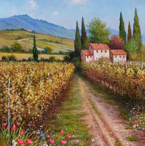 Peinture, Autumn colours in the vineyard - Tuscany landscape painting, Raimondo Pacini