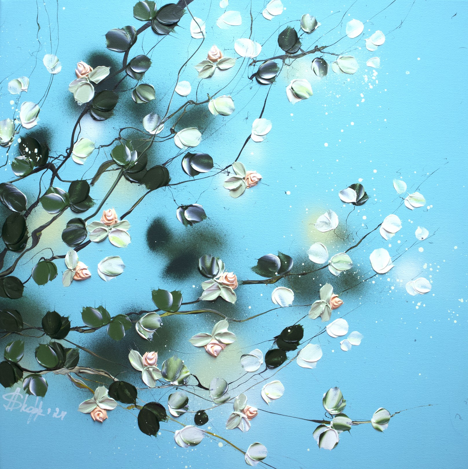 Anastassia Skopp, Turquoise sky- blue floral impasto modern painting on canvas Anastassia Skopp, Turquoise sky- blue floral impasto modern painting on canvas