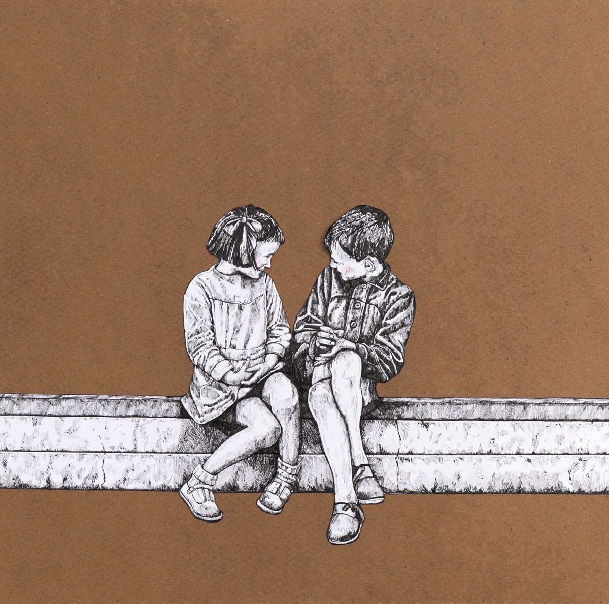 Eddy Josse, Rendez vous - Scène de vie figurative sur le thème de l'enfance Eddy Josse, Rendez vous - Scène de vie figurative sur le thème de l'enfance